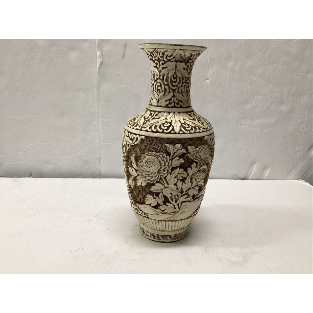 vintage cinnabar layered vase hand carved roses 10” cream